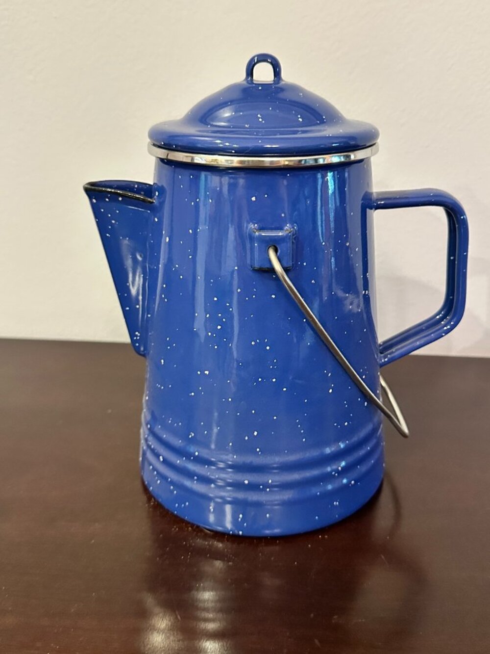 New Blue Speckled Enamelware Coffee Percolator Pot with Lid Basket & Stem Vintag